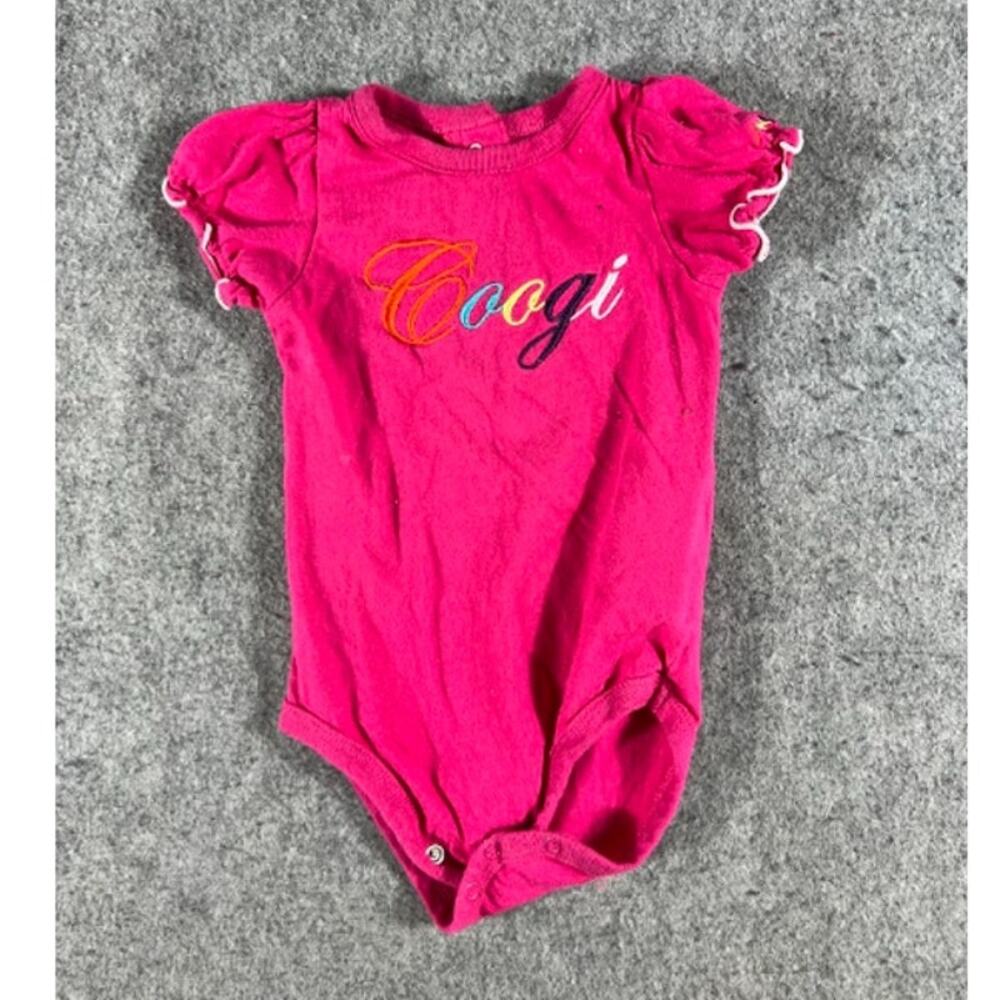 Coogi Bodysuit Baby Girl 6-9M Pink Ruffled Puff Sleeve Embrodered Snap One Piece